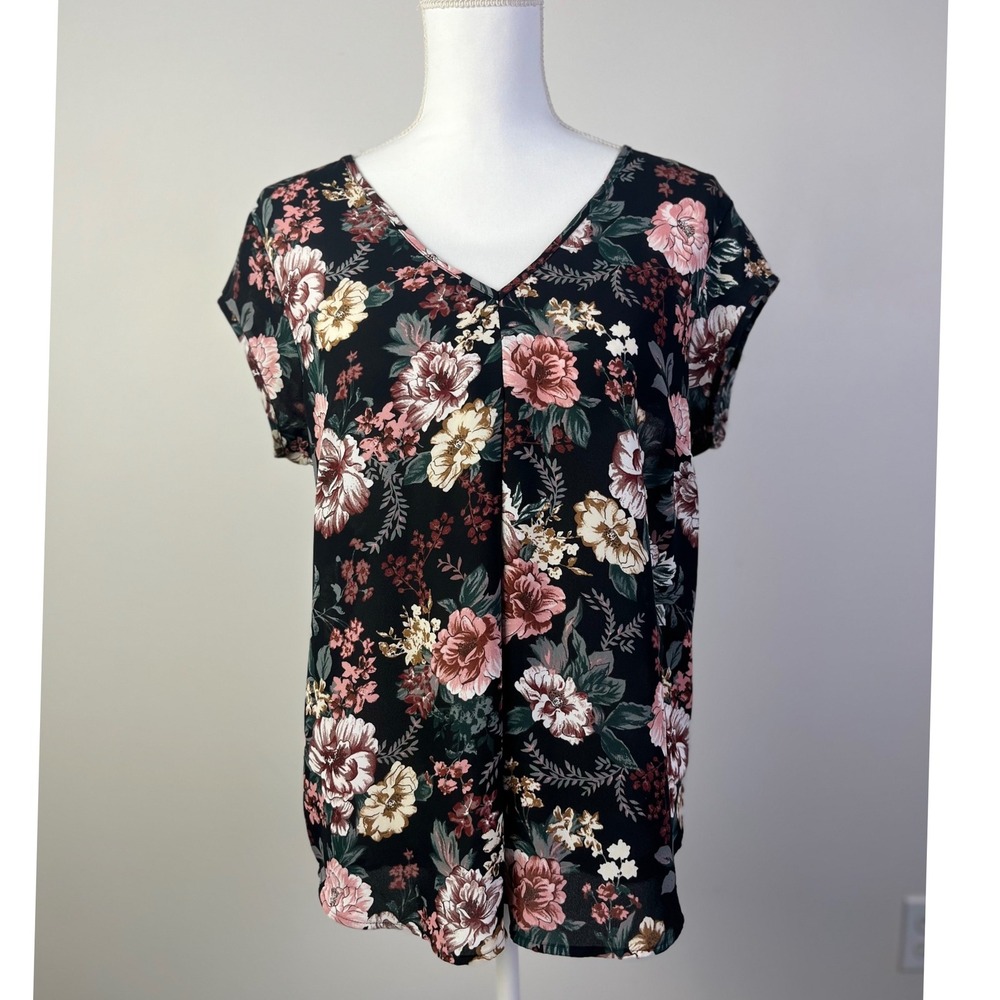 Halogen Romantic Floral Print V-Neck‎ Top Open Back Short Sleeve Blouse Size M